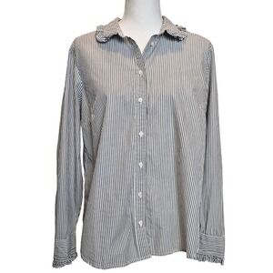 J. Crew Gray White Stripe Ruffle Trim Collar Button Down Size Large Classic Fit